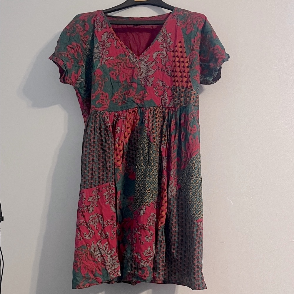 Women's Red and Green Patchwork Short Sleeve Dress